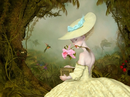 Girl with flower - hat, fantasy, white, flower, pink, ray caesar