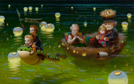 Summer dream - lake, frog, water, summer, dream, grandmother, painting, children, lantern, luminos, pictura, green, grandfather, boat, victor nizovtsev, lights