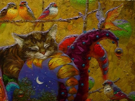 The cat - moon, cat, pisica, pasare, bird, painting, art, yellow, luminos, red, blue, animal, pictura, luna, victor nizovtsev