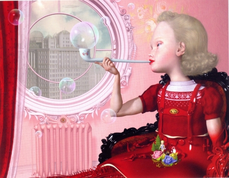 Bubbly day - red, fantasy, pink, bubbles, girl, ray caesar