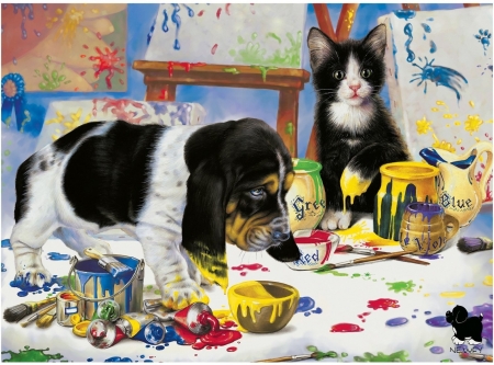 The artists - funny, animal, cute, caine, puppy, cat, paint, art, pisica, pet, artist, dog