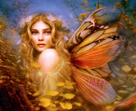 Lovely Fairy - woman, girl, lovely, fantasy, art, pretty, yellow, beautiful, orange, fairy, digital