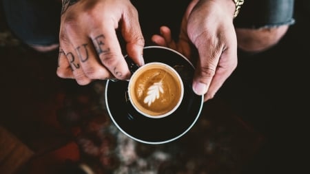 :) - black, tattoo, coffee, leaf, hand, cup, man