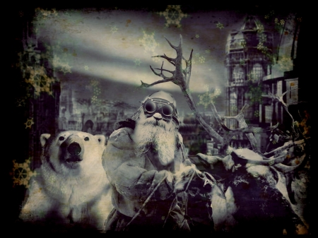 Twas the Night Before Christmas.... - santa, deers, steampunk, polar bear, night time, fantasy