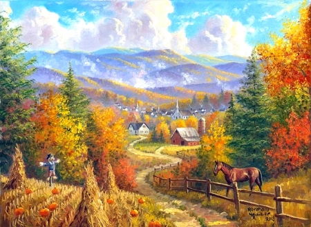 Harvest Time - fields, attractions in dreams, scarecrow, autumn, villages, countryside, nature, pumpkins, horses, love four seasons, harvest, rural, paintings, fall season