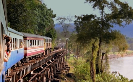 thai railways - train, tree, bridge, grass