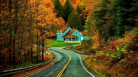 New Hampshire Road House, Autumn color - house, hampshire, trees, nature, autumn, road, forest