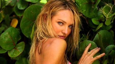 Candice Swanepoel - woman, girl, green, leaf, summer, candice swanepoel, model, blonde