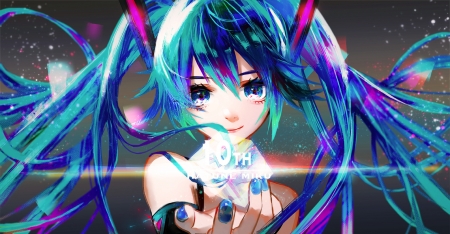 Hatsune Miku - anime, vocaloid, blue, girl, hatsune miku, pink, manga, hand, face