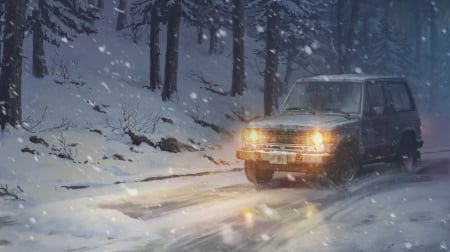 Winter - lights, dao dao, iarna, winter, car, anime, snow, manga