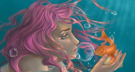 Bubble - girl, aoleev, fantasy, underwater, mermaid, pink, hand, blue, luminos, fish, sirena, orange, cute