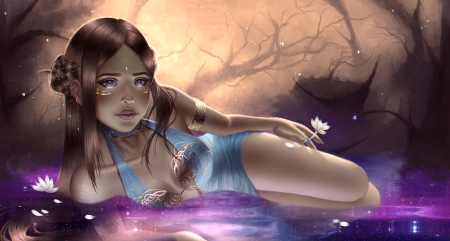 A drop of peace - water, blue, girl, pink, fantasy, purple, aoleev, mermaid, luminos