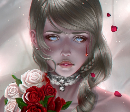 Every rose have it's thorn - blood, tears, girl, flower, petals, fantays, aoleev, red, rose, face, luminos