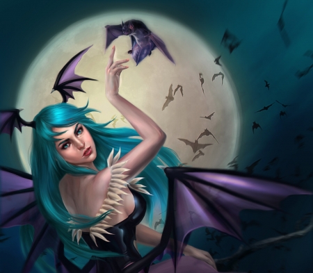 Morrigan - moon, girl, wings, vampire, fantasy, purple, hand, luminos, blue, tarivanima, bat, luna, morrigan