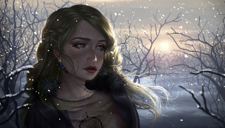 She wolf - girl, luminos, iarna, snow, winter, aoleev, fantasy