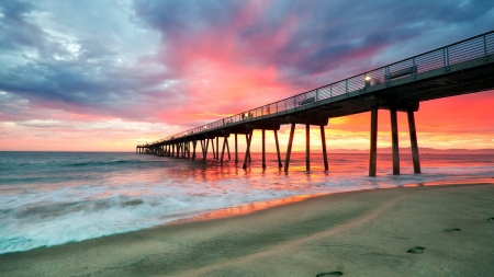 Pier Sunset over Hermosa Beach in California - beach, pier, nature, sunset