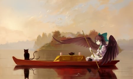 Tea party - lake, cat, angel, girl, tea, water, wings, summer, black, pisica, anime, animal, boat, manga