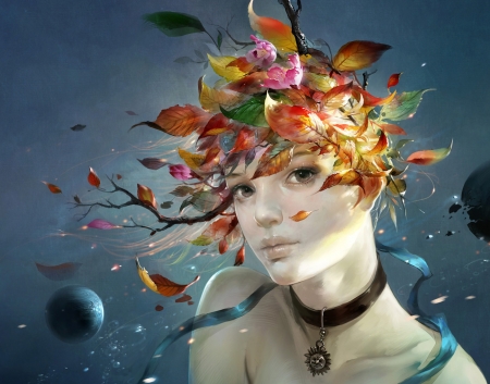 Gaia - face, red, flower, mother, gaia, girl, earth, blue, art, fantasy, leaf, orange, luminos