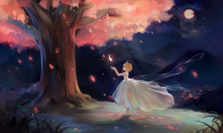 Petals - pink, wind, spring, blossom, sakura, anime, girl, night, luna, manga, petals, moon, cherry, tree, luminos