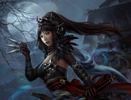 Dark ninja - moon, girl, dark ninja, black, fantasy, luminos, blue, hoanglap solan, luna