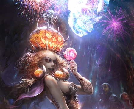 Halloween - pumpkin, girl, hoyhoykung, fantasy, halloween, art, pink, blue, luminos, orange, fireworks