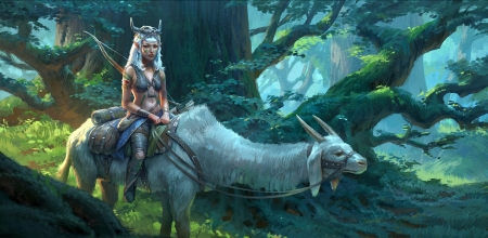 Forest rider - girl, jeremy fenske, fantasy, art, forest, luminos, creature, blue, green, rider