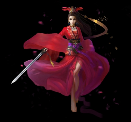 Sword fighter - girl, kimono, pink, frumusete, black, fantasy, light night, sword fighter, luminos