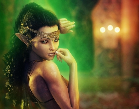 Elf princess - princess, elf, girl, frumusete, shibashake, fantasy, luminos, hand, orange