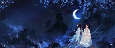 Serenity - moon, couple, girl, night, fantasy, white, sinvia, luminos, blue, anime, luna, manga