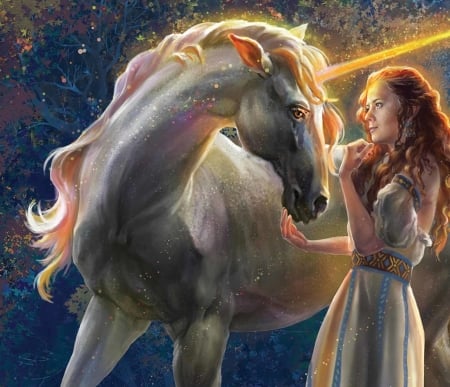 My precious - horse, fantasy, elf, hand, luminos, girl, unicorn, art