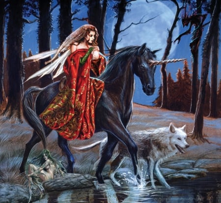 Forest friends - moon, blue, wolf, girl, night, forest, horse, lup, fantasy, animal, red, fairy, unicorn, luna