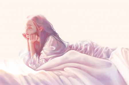 Morning light - white, fantasy, pink, white and  pink, luminos, girl, bed, art