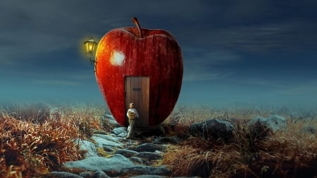 Apple house - apple, red, fantasy, fruit, house, luminos, blue