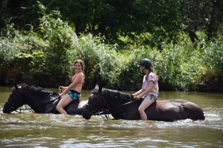 River Ride . . - women, fun, female, brunettes, western, girls, cowgirl, style, river, outdoors, horses, ranch