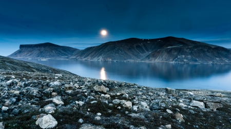 Lovely Moon Reflection - moon, mountains, rocks, water