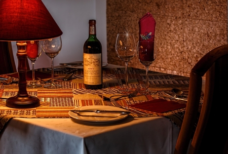 A table for two - Table, Bottle, Glasses, Lamp, Romantic, Two