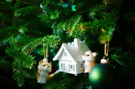 New Year's toys - fox, new year, branches, toys, holiday, tree, house