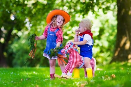 Children - blue, girl, children, copil, orange, boy, cowgirl, colorful, red, green, cute, couple