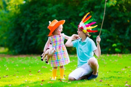 Children - hat, indian, girl, feather, children, copil, orange, boy, cowgirl, green, cute, couple