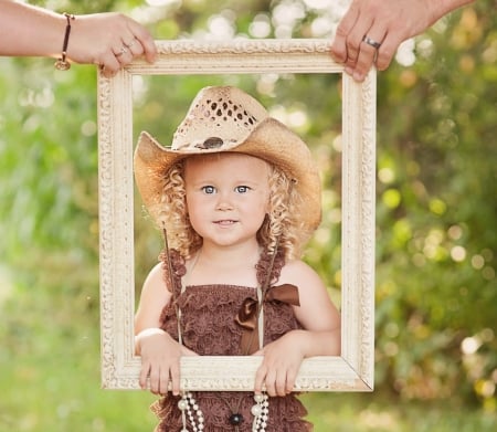 Little cowgirl - girl, hat, cowgirl, jewel, child, copil, hand, green, frame