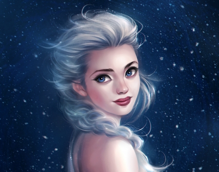 Elsa - winter, blue, daekazu, girl, snow queen, fantasy, frozen, white, fanart, iarna, face, elsa, disney, luminos