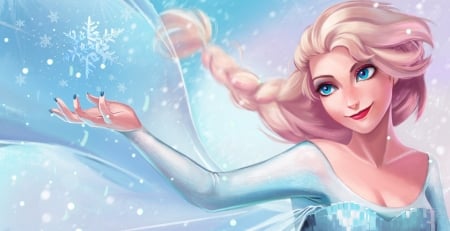 Let it snow - dinsey, blue, girl, pink, snow queen, fantasy, snowflake, hand, fanart, olchas, elsa, luminos