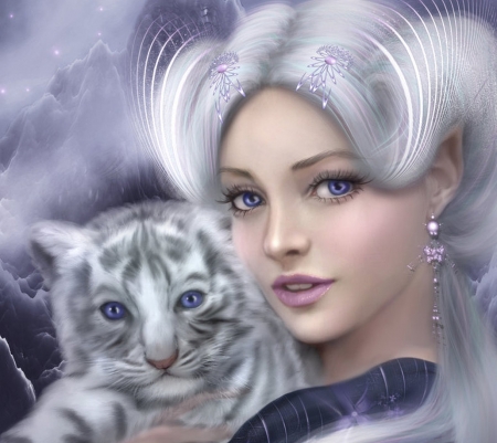 Girl with snow leopard - cub, snow leopard, girl, iarna, winter, fantasy, face, white, blue, animal, cute