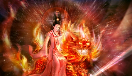 Fire dragon - the zen warrior, girl, orange, fantasy, dragon, fire, hokyo, asian, luminos