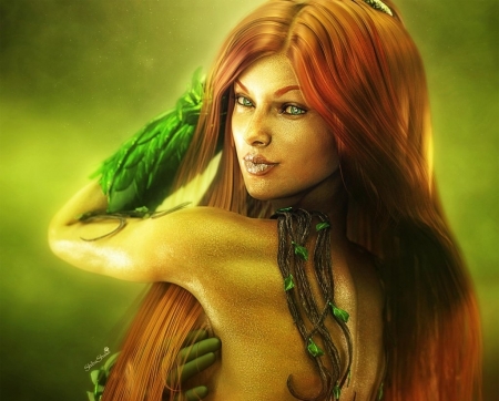 Poison Ivy - shibashake, poison ivy, fantasy, redhead, green, girl, luminos