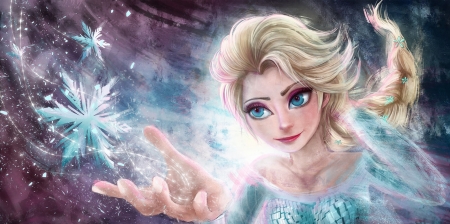 Elsa - stephanieska20, snowflake, blue, art, fantasy, iarna winter, hand, elsa, luminos, disney, snow queen