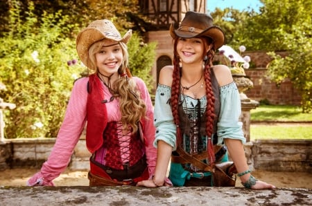 Cowgirls - hat, cowgirl, woman, red, model, girl, couple, pink