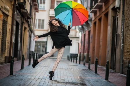 Happy girl - mood, girl, happy, street, black, colorful, umbrella, woman, model