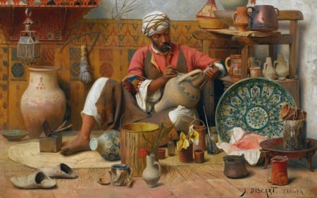 The Pottery Workshop - 1910, pictura, painting, jean discart, pottery workshop, man, art, luminos