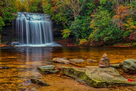 Autumn waterfall - fall, trees, waterfall, pond, beautiful, autumn, forest